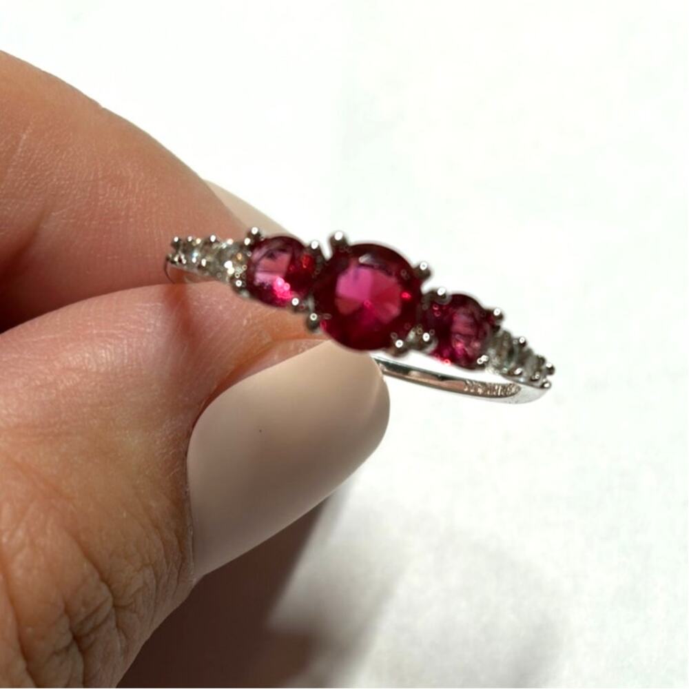 Bomb Party July Birthday Ring 3 Stone Lab Created Ruby on Silver Tone Size 11